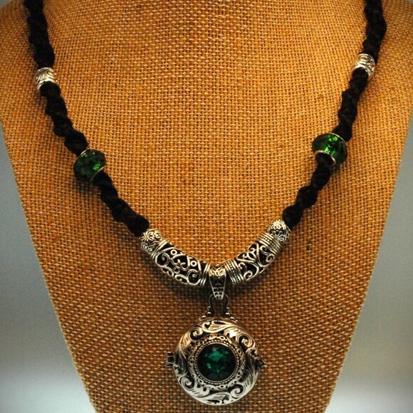 Knotty Girl Hemp Jewelry & Art Jewelry - Antique Style Locket with a Green CZ Stone on 20 1/4" Black Handmade Hemp Chain